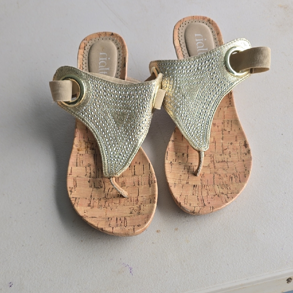 Rialto Gold Rhinestone Cork-Style Thong Sandals